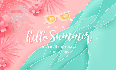 Summer sale design with paper cut tropical beach bright Color background layout banners .Orange sunglasses concept.voucher discount.Vector illustration template.