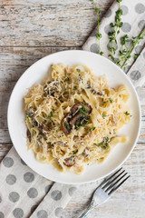 Wall Mural - Fetuchini alfredo with mushrooms and chicken ham in creamy cheese sauce