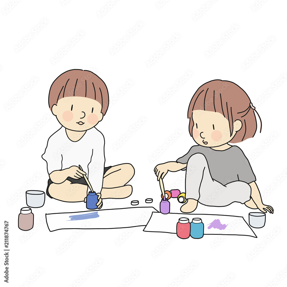 Vector illustration of two little kids, boy and girl, painting with ...