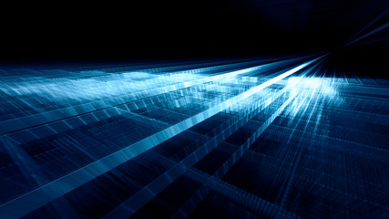 Poster - Abstract blue toned background element on black. Regular dots and grids pattern. Perspective composition. Detailed fractal graphics. Information technology concept.