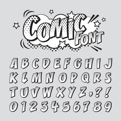 comic retro font in halftone black & white colour. alphabet & number in style of comics, pop art for