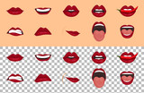 Fototapeta Pokój dzieciecy - Cartoon icons set isolated. Cute mouth expressions facial gestures lips sadness rapture disappointment fear surprise joy smile cry despondency coquetry cute mouth. Isolated vector illustration