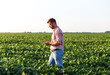 © Zoran Zeremski - Young farmer walking in filed holding tablet in his hands and examining soybean corp.