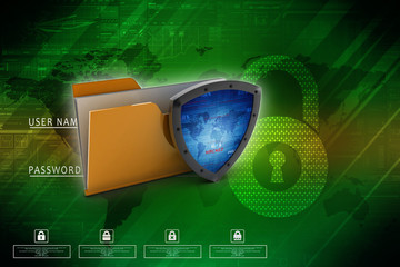 Poster - laptop folder with shield. Isolated 3d rendering image

