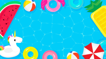 Wall Mural - Pool Party frame background vector illustration. Top view of swimming pool with cute pool floats.