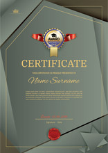 Official Vector Certificate With Dark Green, Brown Triangle Design Elements. Gold Blue Emblem With Red Ribbon, Gold Text