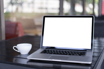 Fototapete - Laptop with blank screen on table. Workspace background new project on laptop computer with blank copy space screen for your advertising text message