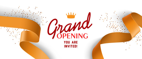 Wall Mural - Grand opening invitation design with gold ribbons, crown and confetti. Festive template can be used for banners, flyers, posters.
