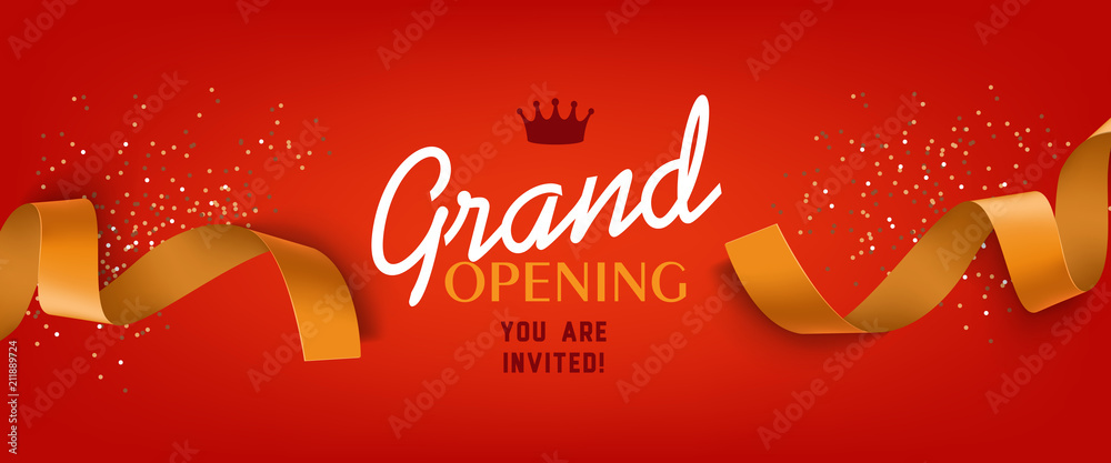 Grand opening red banner design with gold ribbon, crown and confetti. Festive template can be used for invitation cards, flyers, posters. - obrazy, fototapety, plakaty 