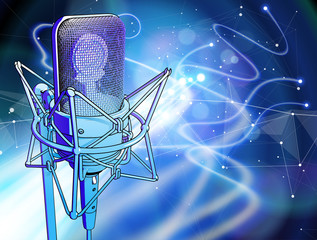 Wall Mural - A microphone on a blue technological background is surrounded by a sound wave. Atmosphere of sound recording studio, chamber concert, night disco club or karaoke club / vector