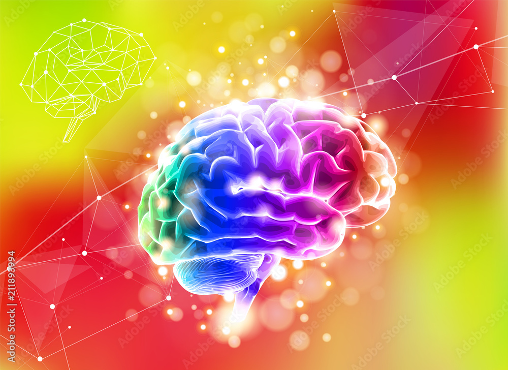 Human brain on a color technological background surrounded by ...