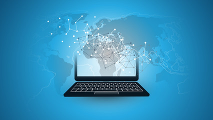 Poster - Digital Network Connections, Technology Background - Cloud Computing Design Concept with Laptop Computer and World Map