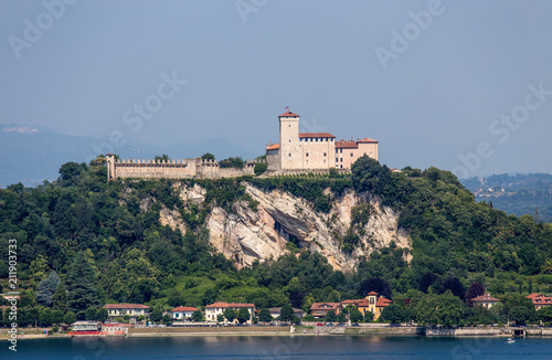 Fotografia, Obraz View of Rocca Borromea in Angera town, Angera, Maggiore Lake, Varese, Lombardy, Italy