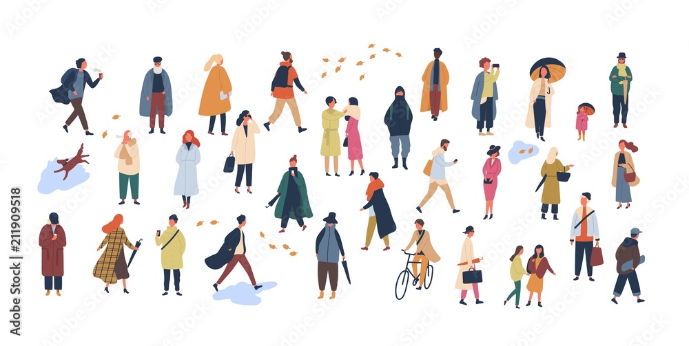 Crowd of tiny people dressed in autumn clothes or outerwear walking on street and performing outdoor activities. Group of men and women isolated on white background. Flat cartoon vector illustration. - obrazy, fototapety, plakaty 