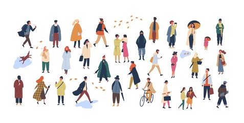 crowd of tiny people dressed in autumn clothes or outerwear walking on street and performing outdoor