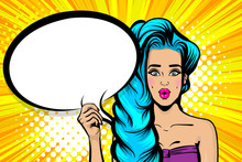 Surprise Caucasian Blue Hair Young Girl In Sunglasses. Woman Pop Art Hold Empty Speech Bubble. Comic Text Advertise Balloon. Retro Halftone Background.