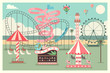 Amusement park on the beach with kid carousel, ferris wheel, water slides and balloons. Vector flat summer illustration.