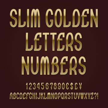 Slim golden letters, numbers, dollar, yen, pound and euro currency signs, exclamation and question marks.