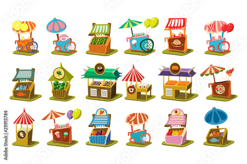 Fotomural Colorful street cart shop set, retail kiosk on wheels vector Illustrations on a
