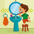 Little boy brushing his teeth in the bathroom. Vector illustration.
