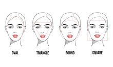 Set Of Vector Face Shapes. Oval, Triangle, Round, Square, Rectangle. Different Types Of Face People. Various Types Of Women Faces. Set Portrait Of Beautiful Women