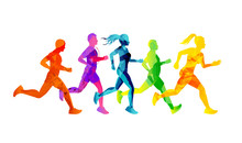 A Group Of Running Men And Women Competing And Staying Fit. Colourful Texture People Silhouettes. Vector Illustration.