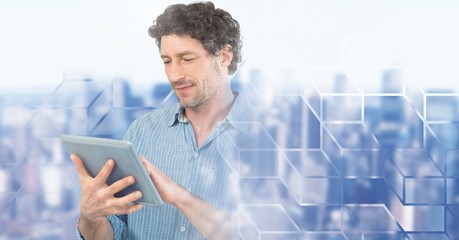 Poster - man using laptop with geometric city transition