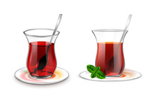 Turkish Tea Cup With Black Tea, Silver Spoon And Mint