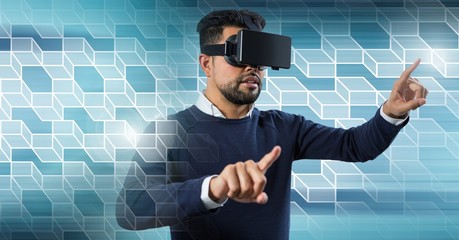 Poster - Man using virtual reality headset with geometric transition