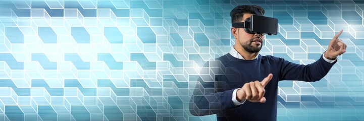 Poster - Man using virtual reality headset with geometric transitions