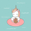 cute cartoon colorful unicorn with float in the sea summer vector illustration
