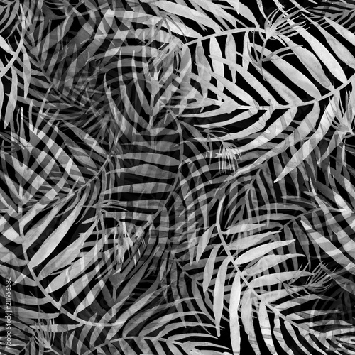 Foto-Gardine - Watercolor seamless background, monochrome. Watercolor Palm leaf background. white  leaves, silhouette, floral pattern on a black background. tropical palm leaf.  (von helgafo)