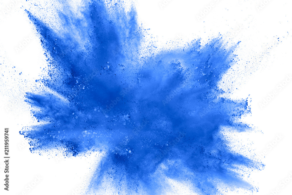 Abstract blue dust explosion on white background.  Freeze motion of blue powder splash. Painted Holi in festival. - obrazy, fototapety, plakaty 