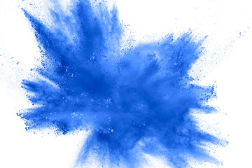 abstract blue dust explosion on white background. freeze motion of blue powder splash. painted holi 