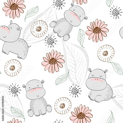 Vector hand drawn seamless pattern with cute hippos © Tapilipa