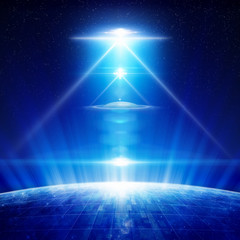 Wall Mural - abstract sci-fi background - ufo with bright spotlights above planet