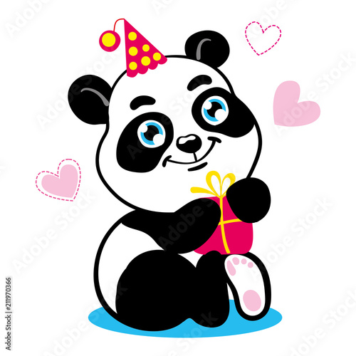 Cute Baby Panda Cartoon Character Bear In Festive Cap And With Present Box Vector Isolated On White Background With Pink Hearts Use It As Greeting Card Postcard Birthday Party Invitation For Kids Cute Baby Panda Cartoon Character Bear In Festive Cap And With Present Box Vector Isolated On White Background With Pink Hearts Use It As Greeting Card Postcard Birthday Party Invitation For Kids