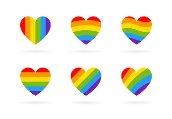 Pride LGBT heart vector icon set, Lesbian gay bisexual transgender concept love symbol. Collection of Color rainbow flag. Flat design signs isolated on white background