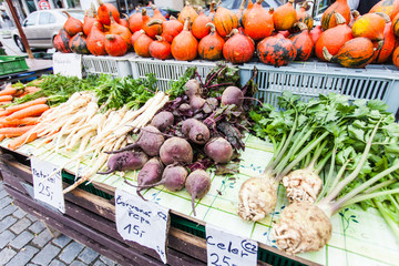 Sticker - Celery, beets, parsley and pumpkin on the counter.