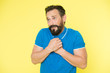 © be free - Feel so sorry. Man bearded regretful face, yellow background. Guy bearded sorry gesture. Ask for apologies. Man with beard looks pitiful. Man regret about done and ask to forgive him. Forgive me