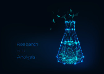 Wall Mural - Scientific background with low poly wireframe beaker, tes tube and abstract tetrahedral structure compound.