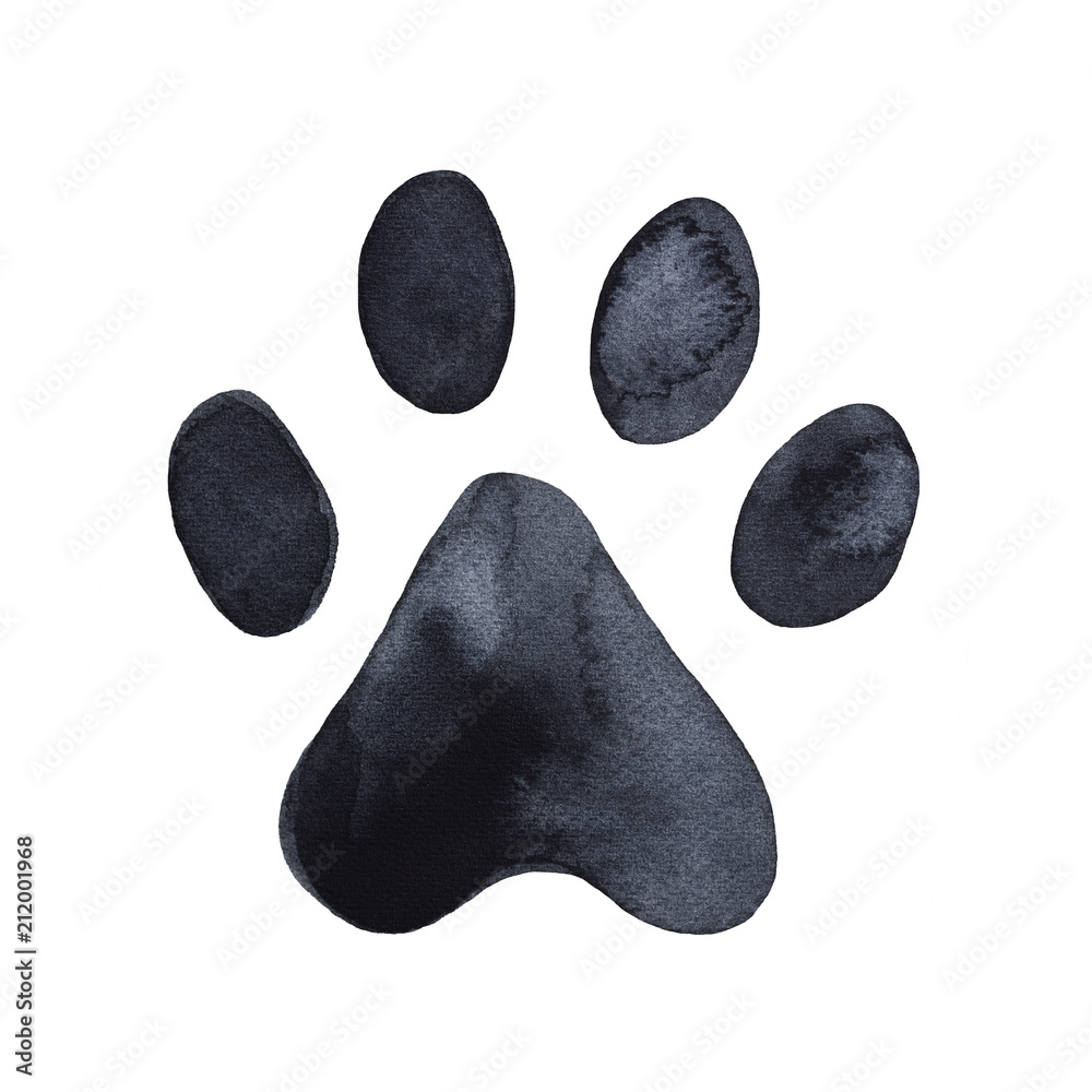 Dog or cat paw print graphic illustration. Cute animal element for decoration, design, craft projects, scrapbooking, pet tags. Hand drawn watercolour drawing on white background, isolated clip art. - obrazy, fototapety, plakaty 