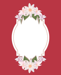 Canvas Print - Vintage frame with decorative tropical flowers over red background, colorful design. vector illustration