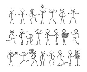 set of man drawing, different poses, stick figure people pictogram. freehand drawing. vector illustr