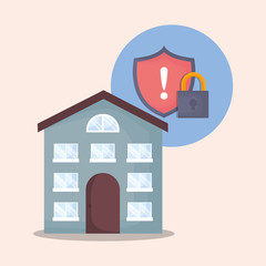 Sticker - modern house with padlock and shield icon over pink background, colorful design. vector illustration