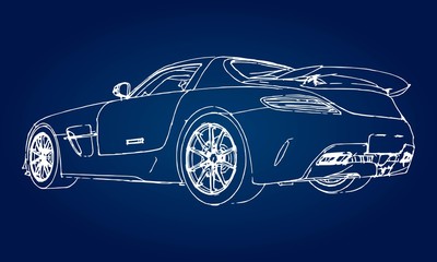 Poster - Sketch of a modern sports car on a blue background with a gradient.