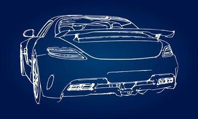 Poster - Sketch of a modern sports car on a blue background with a gradient.