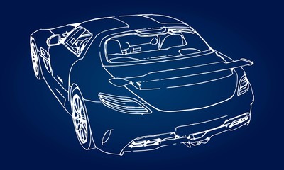 Poster - Sketch of a modern sports car on a blue background with a gradient.