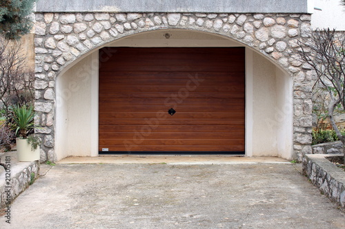 Modern Roll Up Metal Garage Door With Faux Wood Grain Finish