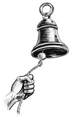 Hand ringing a bell. Ink black and white illustration